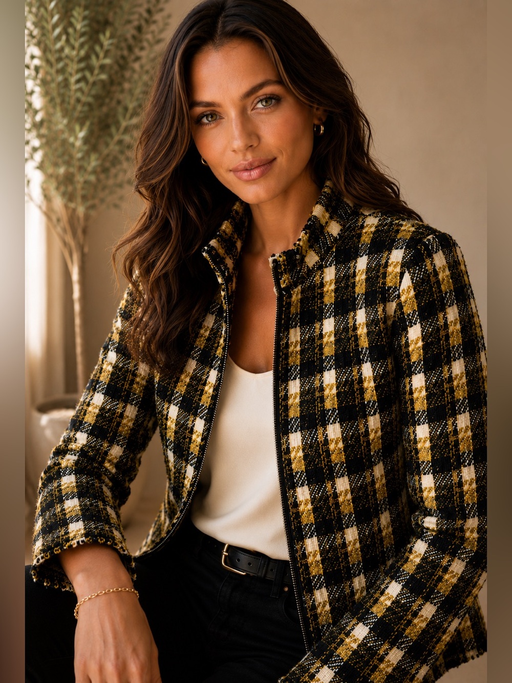 Akris Punto Metallic Tweed Plaid Jacket Black Yellow Fringe Trim | US Size 10
